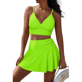 Pink Queen Women High Waisted Bikini Sets Two Piece Skirt Swimsuit V Neck Spaghetti Straps Bathing Suit Fruit Green L