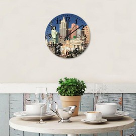 Wood Hanging Wall Clock Round Silent Non-Ticking Skyline Las Vegas City Landscape Country Wall Clocks Nevada Party City Photograph Wooden Wall Decor for Study Room Kitchen Pool 12 Inch