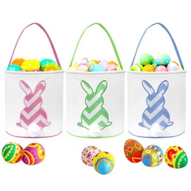 AOUTACC 3 Pack Easter Bunny Baskets, Easter Egg Hunt Bunny Bags Little Baskets with Fluffy Tail Canvas Cotton Rabbit Handbag Bucket Tote Bag for Kids Girls (Style 3,Pink + Green + Blue)
