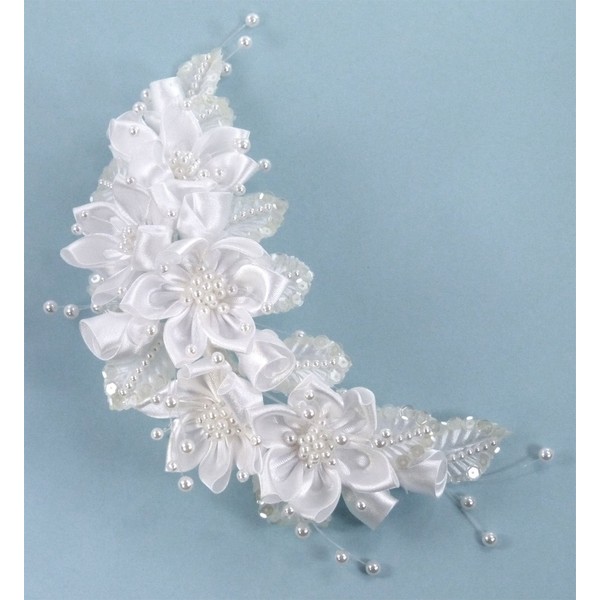 Beautiful Floral Bridal Comb of Satin Flowers Silk Leaves Adorned with Lustrous Pearl & Sequins for Wedding, Prom, Quinceañera or Other Special Events #88ABiw (WHITE)
