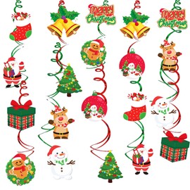 50PCS Christmas Ceiling Decorations,Christmas Hanging Swirl Decorations Xmas Ceiling Swirls Dangling, Christmas Tree Snowman Elk Santa Claus Gift Socks Bells Hanging Ceiling Decorations for Christmas