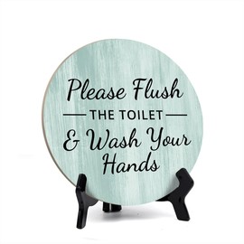 Round Please Flush The Toilet & Wash Your Hands, Light Green Decorative Bathroom Table Sign with Acrylic Easel (5 x 5")