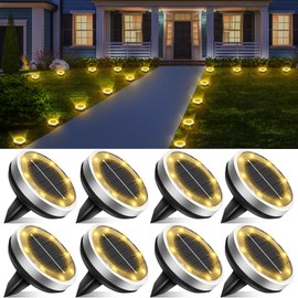 Solar Lights Outdoor Waterproof, 8 Pack 8 LED, Thickened Stainless Steel Ground Light, Solar Garden Lights Landscape Lighting for Patio Pathway Lawn Yard Deck Driveway Walkway, Warm White