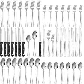 48-Piece Silverware Set with Steak Knives Stainless Steel Flatware Set for 8 Food Grade Tableware Cutlery Set Rust-proof, Mirror Polished, Dishwasher Safe