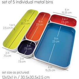 Three by Three Seattle 5 Piece Shallow Metal Organizer Tray Set for Storing Makeup, Stationery, Utensils, and More in Office Desk, Kitchen and Bathroom Drawers (1 Inch, Assorted Colors)