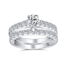 Personalize Traditional 1CT Pear Cubic Zirconia Teardrop or Round Solitaire Thin Pave Band AAA CZ Anniversary Engagement Wedding Ring Set For Women .925 Sterling Silver Customizable