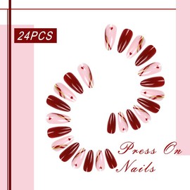 Heart Press on Nails Medium, Red Fake Nail Almond French Tip Gold Line Nail Deisgn Full Cover False Nail Sticker on Nail with Glue,24pcs Acrylic Nail
