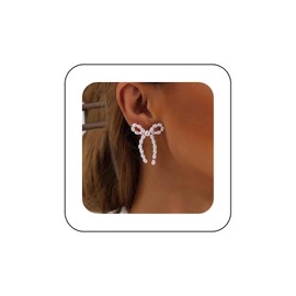 Inateannal Boho Pearl Bow Earrings Gold Pearl Earrings Pearl Bow Stud Earrings Bow Knot Drop Earrings Vintage Pearl Earrings Jewellery for Women and Girls, Zinc, No Gemstone