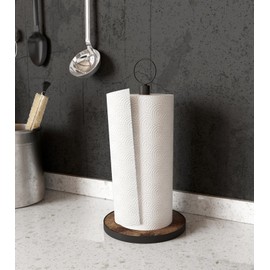OROPY Standing Kitchen Roll Holder with Heavy Wooden Base, Country House Style Paper Roll Holder for Kitchen Counter, Suitable for Standard and Jumbo Size Kitchen Rolls (Brown)