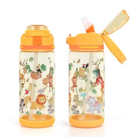 Decalsweet Kids Water Bottles With Straw,600ml Childrens Water Bottle,Leakproof Toddler Drinks for School Travel,Lightweight Sport Bottle for Boys Girls,Animal