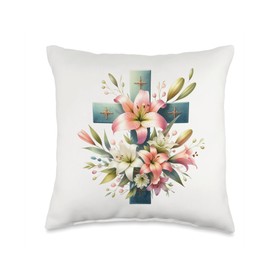 Watercolor Easter Lily Christian Cross Throw Pillow