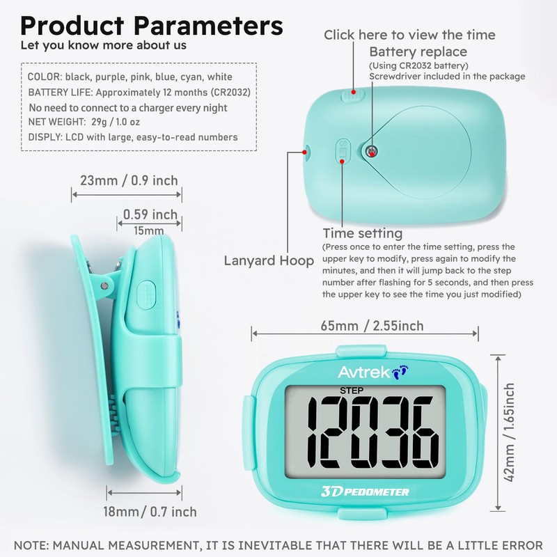 Clip-On Pedometer, Portable Step Tracker, Simple 3D Small Step Counter