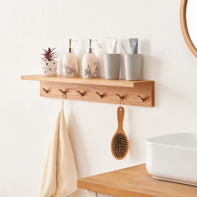 TRWISWDC Coat Rack Shelf Wall Mounted Oak Wood Entryway Shelf