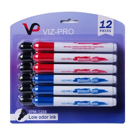 VIZ-PRO Dry Erase Markers, Fine Bullet Tip, 3 Assorted Colors, 12-Count Low-Odor Whiteboard Pens