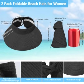 NICOLA Womens Straw Hats, 2Pcs Adjustable Sun Visor Hat, Wide Brim Foldable Beach Hat for Travel Holidays Days Out (UK, Alpha, One Size, Standard, Black, Brown)