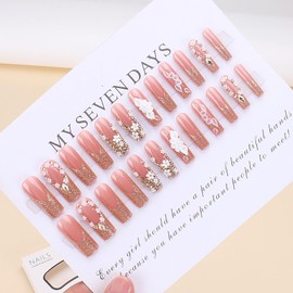 RTKHFZE Press on Nails Long Square Xl Nails Press Ons Gold Glitter French Tip Fake Nails with Cute Flower and Rhinestones Designs Fake Nails with Nail Glue Stick on Nails for Women