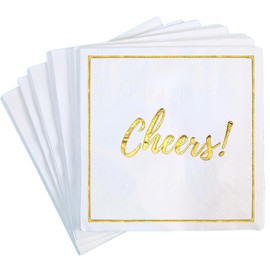 Cheers Cocktail Napkins, 100 Pack, Gold Foil Disposable Beverage Napkin for Wedding Receptions, Bridal Showers, New Year's, Birthdays, Baby Shower, Engagement Parties, Bachelorette Decorations