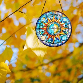Stained Glass Suncatcher, 8'' Sun and Moon Face Hand-Painted Suncatcher for Window Stained Glass Window Hanging Birthday Gift for Mom Memorial Gift Sun Catchers Home Garden Christmas Party Decor (D)