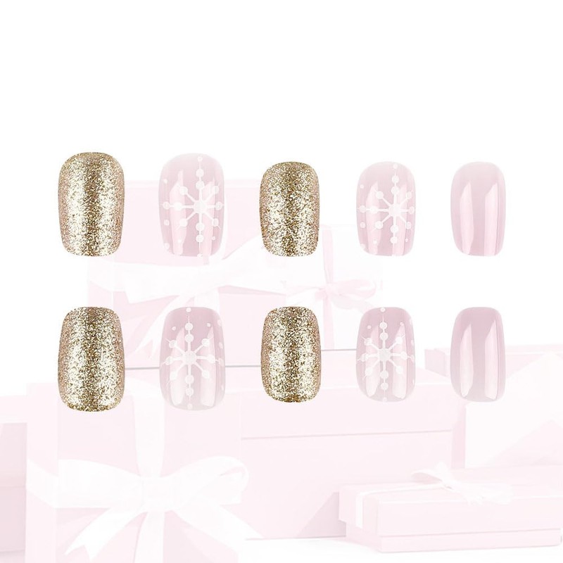 ZWENJIE Christmas Press on Nails Short Square Fake Nails Pink