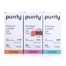 Purrly Healthy Premium Cat Treats Snack Topper Tuna Variety Bundle (90 Count) Lickable Wet Squeezable Hydrating Interactive Seafood Grain-Free Naturally Flavored Non-GMO No-Preservative