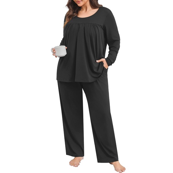 POSESHE Womens Plus Size Black Pajama Sets Plus Size Loungewear