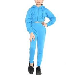 NY Deluxe Edition Girls Crop Tracksuit Set Kids Crop Zip Hooded Top & Jog Botttom Age 7 to13 years (as8, age, 7_years, 8_years, regular, Rurquoise Blue)