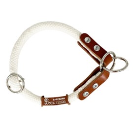 Dog Choke Collar, Anti Pull Martingale Collar, Cotton and Leather, White & Cognac. XXL