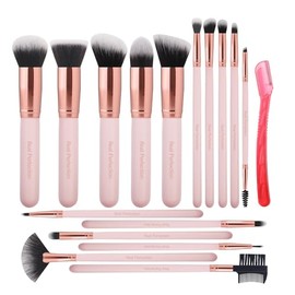Real Perfection Juego de 16 brochas de maquillaje, 16 piezas con 1 maquinilla de afeitar para cejas, base sintética de alta calidad, correctores de po