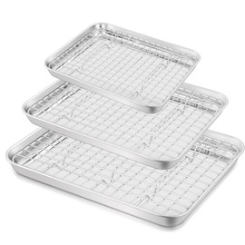 TeamFar Stainless Steel Baking Sheet with Rack Set, 16/12.5/9 Inch Cookie Sheets Baking Pans and Cooling Racks for Cooking Serving, Non-Toxic & Heavy Duty, Dishwasher Safe, 6 PCS (3 Pans + 3 Racks)