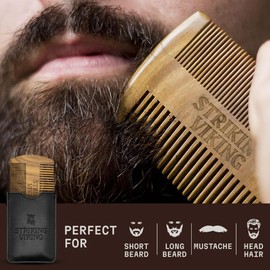 Sandalwood Beard Comb and Case - Pocket Sized Wooden Beard & Mustache Comb with Fine & Coarse Teeth - Perfect for Use with Balms and Oils - Striking Viking (Black)