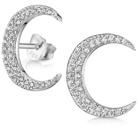 Materia SO-412 Women's Moon Stud Earrings 925 Silver Crescent Moon Stud Earrings Large with Zirconia Stones 15 x 12 mm, Sterling Silver, Cubic Zirconia