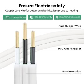 YOJOE 3-Outlets Indoor Extension Cord Outlet Extender, 3 Prong Grounded 13A Power Strip, 16 Gauge Heavy Duty 12 ft White Flat Plug Extension Cord, 16/3 SPT-3 UL Listed