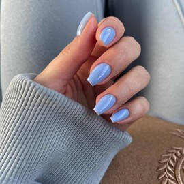 KQueenest Gel Press on Nails Short Medium Coffin, Solid Color Fake Nails Nails Press ons, Short Ballerina Glue on Nails With Glazed Finish, Simple Acrylic Nails False Nails For Finger, Baby Blue