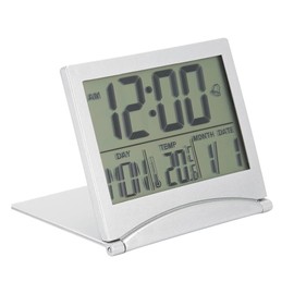Alarm Clock, Digital Desk Clock, Capital Case Thermometer, Date and Day Display, Alarm Clock with Alarm, Foldable, Travel Tabletop (Silver)