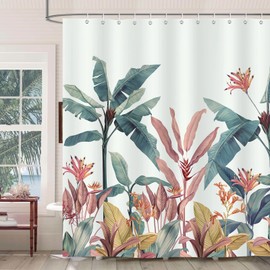 Bonhause Shower Curtain Tropical Leaves Green Banana Leaves Shower Curtains 180 x 200 cm Anti-Mould Waterproof Polyester Fabric Washable Bathroom Curtain for Bathroom with 12 Hooks