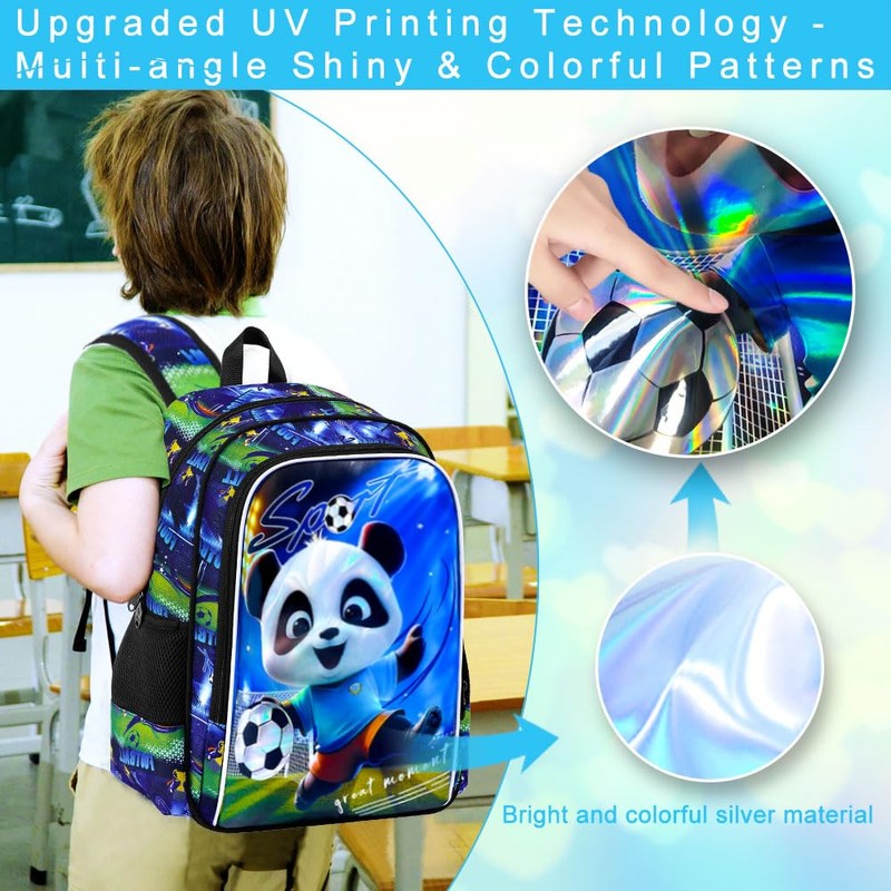 TXHVO 16" Panda Soccer Backpack Set for Boys 4-8, 3Pcs