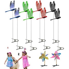 10pcs Outdoor Fake Dragonfly and Windmill Clips,3D Dragonfly Garden Stakes Decor,Fly Deterrent,Waterproof Clip-On Design for Stakes, Clothing, Patio, Garden