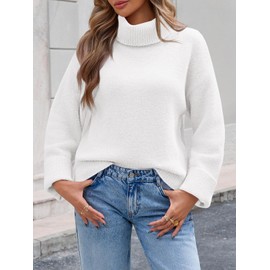 Saodimallsu Womens Turtleneck Fuzzy Sweaters Long Sleeve Chunky Knit Casual Loose Warm Fall Winter Pullover Sweater White