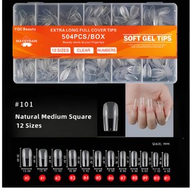MAYGYRAIN Soft Gel Nail Tips, 504 Pieces, 12 Sizes Natural Medium Square, Clear Full Cover (Square)