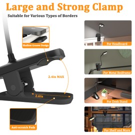 HECDSTLY 2 Pack Clip on Reading Light for Bed Headboard, Battery Rechargeable Large Clamp Bed Lamp - 5 Colors 5 Brightness, Flexible Arm Book Light at Night for Kids Bunk Desk Metal Bed Frame