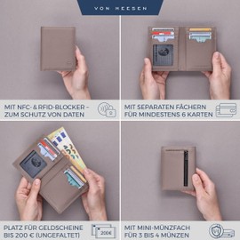 VON HEESEN® Men's Leather Wallet with Coin Compartment and RFID Protection, Genuine Leather Wallet for Men and Women, Wallet, taupe, With mini coin compartment
