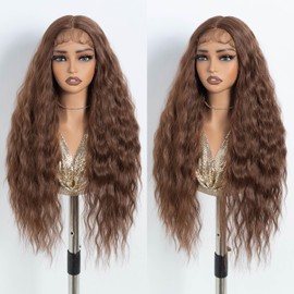 NOBLE Long Wavy Lace Front Wig 30 Inch Ginger Orange Lace Wig for Women Middle Part Synthetic Lace Front Wig Heat Resistant Fiber Wigs for Daily Party Use