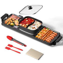 AORAN Smokeless Electric Hot Pot & Grill Combo, Large 9.5"x29" Non-Stick Design, 3 Adjustable Heat Levels, Easy to Clean，Includes Brushes, Tongs & Paper