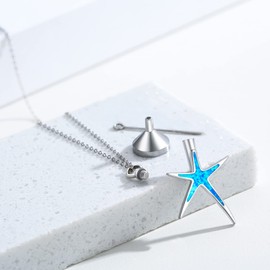 Starfish Cremation Urn Necklace for Women S925 Sterling Silver with Blue Opal Memory Keepsake Funeral Pendant Necklace with Funnel Filler Memorial Jewelry Gifts for Starfish Lover