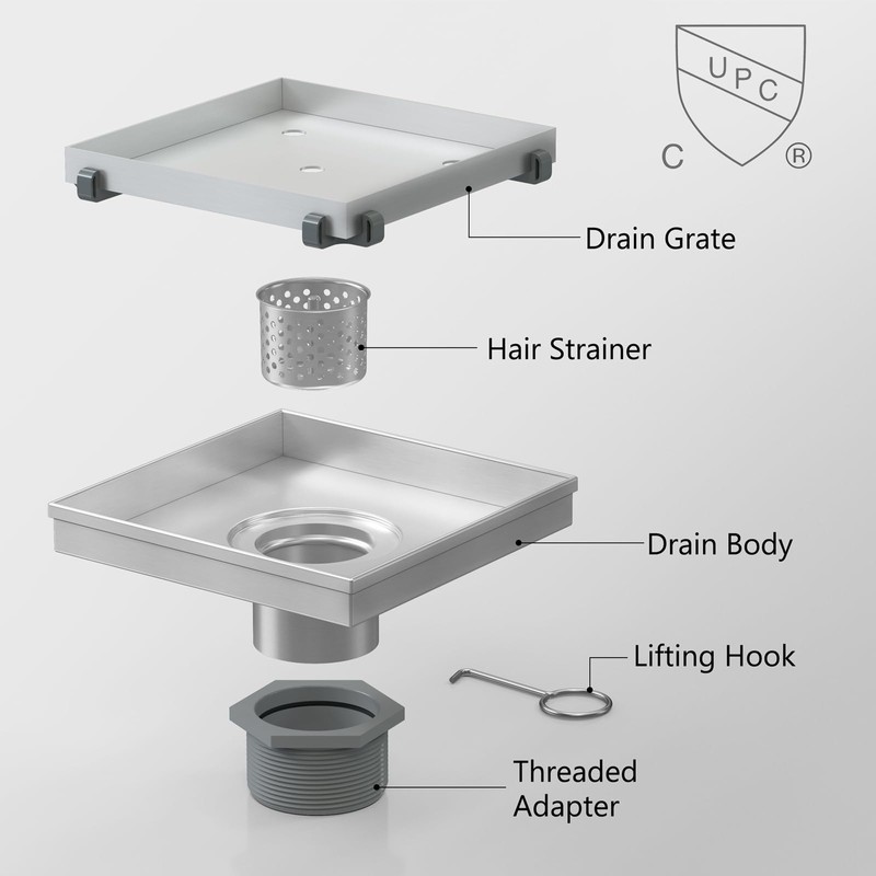 Sharpeye 6 Inch Square Shower Drain with Removable Tile Insert