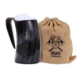 Viking Traders Original Medieval Viking Drinking Horn Mug Uniquely wolf carved tankard Handcrafted from Genuine Horn with Food safe coating and polished for Beer, Ale, Mead & Pagan size 20oz