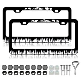 Forest Tree License Plate Frames - 2 Pack Mountain Bear Animal License Plate Holder Covers,Stainless Steel Rust-Proof Waterproof Car Decorative Tag Frame for Standard US 12x6 Inch