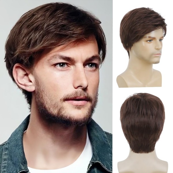 Salaibs Mens Brown Short Wigs Layered Synthetic Heat Resistant Fiber