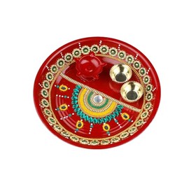 Handcrafted Pooja Thali Plate Platter Engagement Decorative Stainless Steel Puja Thali with Essential Articles for Indian Traditional Festival Aarti Puja Item Decoration Decor(Size-10")(Red)