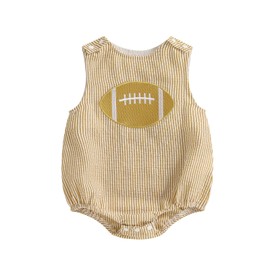 mlpeerw Newborn Baby Boy Football Outfits Sleeveless Embroidery Bubble Romper Overalls Football Onesie Cute Baby Clothes (Football Embroidery and Stripe Print Coffee, 0-3 Months)